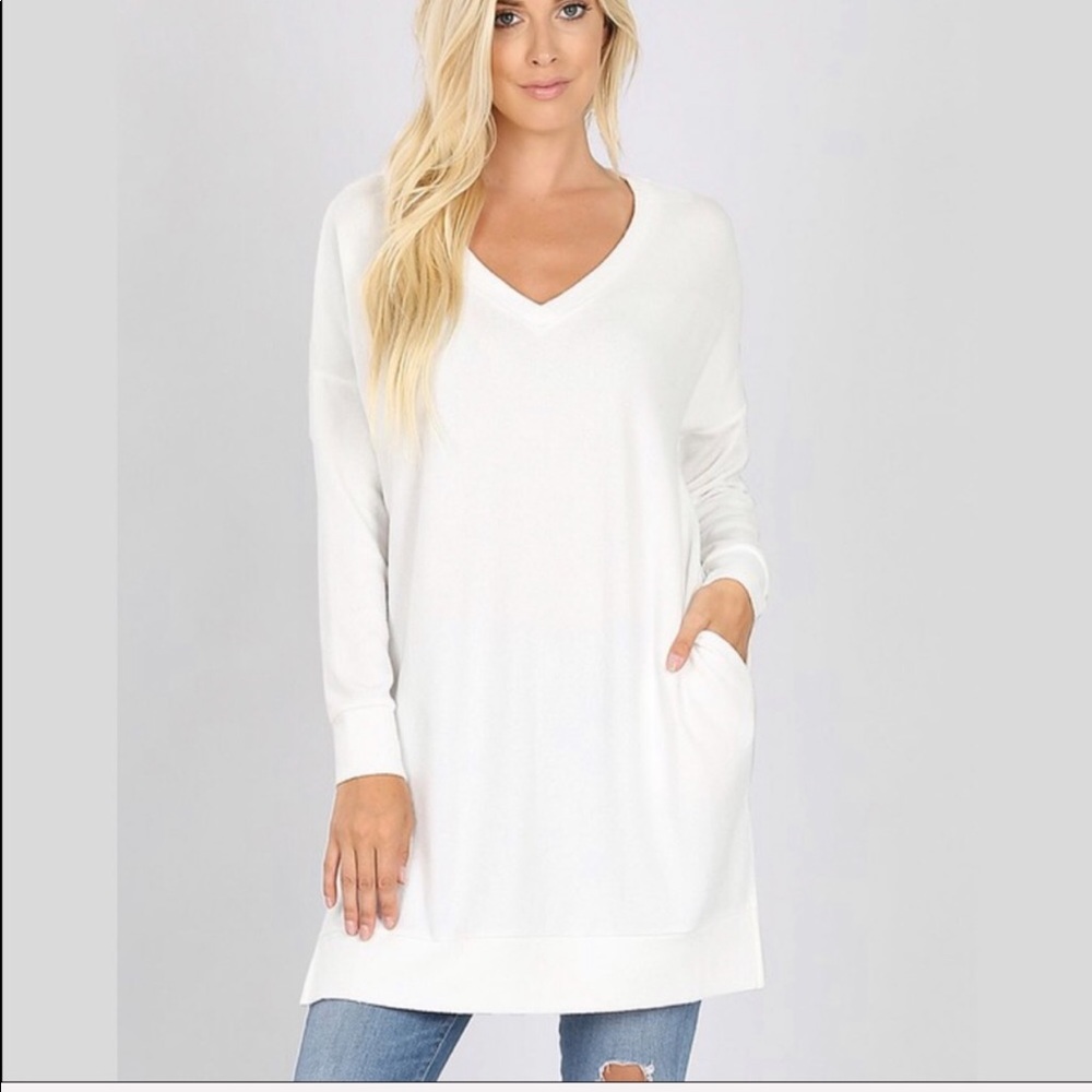 New Lounge Soft Tunic Sweater With Pockets White